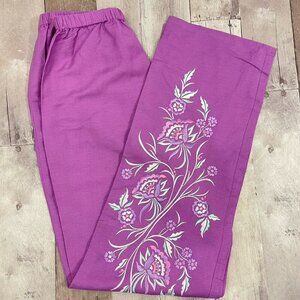 Bob Mackie Embroidered Linen Blend Pants Pull On Elastic Waist Sz Small Summer